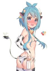 Rule 34 | 1girl, absurdres, animal ears, animal print, ass, bell, bikini, blue hair, blush, breasts, cow ears, cow horns, cow print, cow print bikini, cow tail, cowbell, flat chest, highres, horns, mahiru (princess connect!), milk, open mouth, panties, princess connect!, print bikini, ribs, ruinone, side-tie panties, small breasts, swimsuit, tail, underwear, wavy mouth