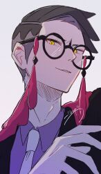 1boy arm_up black-framed_eyewear black_hair black_jacket collared_shirt commentary_request corbeau_(pokemon) glasses highres jacket looking_at_viewer male_focus nintendo nirugiri_(nirgy) open_clothes open_jacket parted_hair parted_lips pokemon pokemon_legends:_z-a purple_shirt round_eyewear shirt sideburns simple_background slit_pupils solo teeth upper_body white_background wing_collar yellow_eyes
