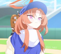 Rule 34 | 180 head turn, 1girl, bandaid, bandaid on face, bandaid on nose, baseball cap, baseball glove, blue archive, blue hat, day, halo, hat, hood, hood down, hooded jacket, jacket, long hair, long sleeves, mole, mole under eye, orange hair, orange halo, purple eyes, rei (blue archive), solo, susi tabit, upper body