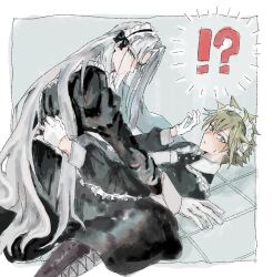 !? 2boys alternate_costume apron black_dress blonde_hair blue_eyes blush cloud_strife collared_dress crossdressing dress enmaided final_fantasy final_fantasy_vii frilled_apron frills gloves green_eyes grey_hair hand_on_another&#039;s_waist highres kv9g7 long_hair long_sleeves looking_at_viewer lying maid maid_apron maid_headdress male_focus male_maid multiple_boys on_back sephiroth short_hair spiked_hair straddling sweatdrop white_apron white_gloves yaoi