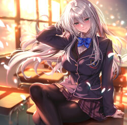Rule 34 | 1girl, arm support, black jacket, black pantyhose, brown skirt, classroom, closed mouth, collared shirt, crossed legs, desk, evening, green eyes, grey hair, hair between eyes, highres, indoors, itou shizuka, jacket, lips, long hair, long sleeves, looking at viewer, mole, mole under eye, non-web source, on desk, original, pantyhose, petals, piromizu, plaid clothes, plaid skirt, pleated skirt, school uniform, shirt, sitting, skirt, smile, solo, sunset, very long hair, white shirt, window