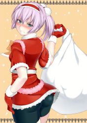 10s 1girl alternate_costume aqua_eyes ass bag bike_shorts bike_shorts_under_skirt blue_eyes blush check_commentary commentary_request dress female_focus gloves hair_ornament hairband hand_on_own_hip holding holding_bag kantai_collection kupala looking_at_viewer looking_back pink_hair ponytail red_dress red_gloves sack santa_costume shiranui_(kancolle) short_dress short_hair shorts shorts_under_skirt solo