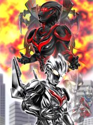 2boys alien armor black_skin blue_skin blurry blurry_background breastplate building city cityscape clenched_hand collarbone color_timer colored_skin commentary compound_eyes cropped_torso dark_zagi doppelganger dorsal_fin fireball full_armor glowing glowing_eyes gradient_eyes hanejidyna86 head_down highres looking_down looking_up male_focus multicolored_eyes multicolored_skin multiple_boys multiple_forms open_hands outdoors pectorals red_eyes red_skin shoulder_armor shoulder_pads silver_skin skyscraper tokusatsu toned toned_male twitter_username ultra_series ultraman_nexus ultraman_nexus_(series) ultraman_nexus_anphans ultraman_nexus_junis ultraman_nexus_junis_blue ultraman_noa upper_body white_eyes wings wrinkled_skin wrist_blades yellow_eyes