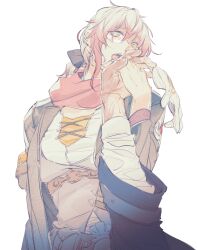 1girl black_ribbon glasses holding_hands long_hair mabinogi morphidrianas_(mabinogi) multicolored_hair ponytail rian_(bdl) ribbon round_eyewear simple_background two-tone_hair white_hair