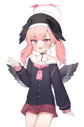 Rule 34 | 1girl, ?? (user cytk7578), absurdres, beret, black hat, black shirt, black wings, blue archive, commentary, halo, hat, head wings, highres, koharu (blue archive), looking at viewer, multiple wings, neckerchief, open mouth, pink eyes, pink hair, pink halo, pink neckerchief, red skirt, sailor collar, shirt, simple background, skirt, solo, symbol-only commentary, thighs, v, white background, white sailor collar, wings