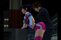 1boy 1girl 3d bloody_roar city closed_eyes clothed_sex fingerless_gloves gloves grabbing_another&#039;s_breast grabbing_from_behind groping hetero leaning_forward midriff night pink_shorts pink_thighhighs sex sex_from_behind short_hair short_shorts shorts thighhighs tsukagami_alice