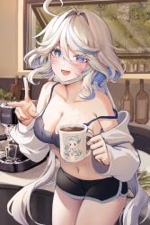 1girl :d ahoge alternate_breast_size alternate_costume bare_shoulders black_shorts blue_eyes blue_hair blush bottle breasts cameo camisole character_print cleavage coffee coffee_maker coffee_mug collarbone commentary commentary_request contemporary cowboy_shot cowlick crop_top cup dasha dolphin_shorts drop-shaped_pupils fang furina_(genshin_impact) genshin_impact heterochromia highres holding holding_cup indoors light_blue_hair long_hair looking_at_viewer mask mask_pull medium_breasts midriff mismatched_pupils mouth_mask mug multicolored_hair navel neuvillette_(genshin_impact) open_mouth ponytail short_shorts shorts skin_fang smile solo spaghetti_strap stomach strap_slip symbol-shaped_pupils thighs twintails underwear v white_hair