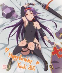 1girl armor armpits arms_behind_head arms_up bare_shoulders breastplate breasts detached_sleeves gloves hairband headband highres leotard long_hair looking_at_viewer pointy_ears puge purple_armor purple_gloves purple_hair purple_sleeves red_eyes red_hairband red_headband small_breasts sword sword_art_online weapon yuuki_(sao)