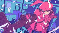animal_ears black_boots blue_background boots broken_window brown_hair fake_animal_ears full_body gun hat holding holding_gun holding_weapon jacket llenn_(sao) midair official_art pants pink_eyes pink_hat pink_jacket pink_pants rabbit_ears second-party_source short_hair sword_art_online sword_art_online_alternative:_gun_gale_online tarou2 weapon