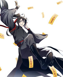 1boy absurdres ahoge arm_up beaugi between_fingers black_boots black_hair black_hanfu black_pants boots chinese_clothes falling floating_clothes floating_hair grey_eyes grin hair_ribbon hands_up hanfu highres holding holding_ofuda kuji-in long_hair looking_at_viewer male_focus modao_zushi ofuda ofuda_between_fingers pants ponytail red_ribbon ribbon robe sash shoe_soles sleeves_past_wrists smile solo talisman wei_wuxian white_background wide_sleeves