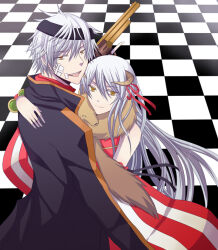 1boy 1girl animal animal_around_neck black_coat brown_eyes brown_horns checkered_floor closed_mouth coat commentary commentary_request detached_sleeves dress english_commentary fox gauze gauze_on_cheek gun gunslinger_(ragnarok_online) hair_ribbon handgun holding holding_gun holding_weapon horns hug long_hair looking_at_viewer open_mouth professor_(ragnarok_online) ragnarok_online red_dress red_ribbon red_sleeves revolver ribbon rinslette short_hair sleeveless sleeveless_dress smile striped_sleeves tongue tongue_out upper_body weapon white_hair white_sleeves yellow_eyes