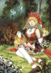 Rule 34 | 3girls, apple, apron, babykatafan, basket, blonde hair, blue eyes, demon (megami tensei), dress, elbow gloves, flower, food, forest, frills, fruit, gloves, golden apple, high pixie (megami tensei), highres, idunn (megami tensei), looking at viewer, megami tensei, multiple girls, nature, pixie (megami tensei), rose, shin megami tensei, shin megami tensei v, shin megami tensei v: vengeance, short hair, smile, thighhighs