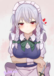 1girl absurdres apron artist_name back_bow between_fingers blue_dress blush bow bowtie braid breasts buttons closed_mouth collared_shirt colored_inner_hair dagger dress frills green_bow green_bowtie grey_hair hair_between_eyes hair_bow half-closed_eyes hand_up heart highres holding holding_dagger holding_knife holding_weapon izayoi_sakuya knife large_breasts looking_at_viewer maid maid_headdress multicolored_hair pink_background puffy_short_sleeves puffy_sleeves purple_hair red_eyes shirt short_hair short_sleeves simple_background smile solo touhou twin_braids upper_body weapon white_apron white_bow white_shirt wrist_cuffs youlong_0606