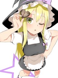 1girl apron black_hat black_skirt black_vest blonde_hair blush bow braid breasts commentary_request cookie cookie_(touhou) expressionless food frilled_apron frilled_hat frills full_body hair_bow hand_on_own_hip hat heart heart-shaped_cookie heart-shaped_food highres holding holding_cookie holding_food kirisame_marisa long_hair looking_at_viewer manatsu_no_yo_no_inmu medium_breasts one_eye_closed open_mouth pink_bow puffy_short_sleeves puffy_sleeves pura_(aiueo256375) shirt short_sleeves side_braid simple_background single_braid skirt skirt_set socks solo standing star_(symbol) toono_(coat) touhou turtleneck turtleneck_shirt uzuki_(cookie) vest waist_apron white_apron white_background white_shirt white_socks witch_hat yajuu_senpai yellow_eyes