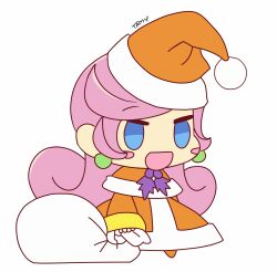 Rule 34 | 1girl, bag, blue eyes, blush stickers, chibi, full body, hat, highres, holding, holding bag, lana la loli, long hair, meme, open mouth, padoru (meme), pink hair, puyopuyo, raffina (puyopuyo), santa costume, santa hat, simple background, solo, white background
