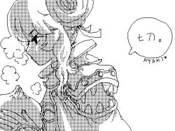 1girl ayaki_(pixiv_23156) cape commentary_request creator_(ragnarok_online) double_bun food from_side greyscale hair_bun lowres monochrome oekaki profile ragnarok_online short_hair simple_background solo steam steamed_bun upper_body