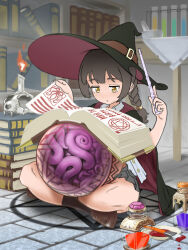 1girl belly big_belly black_cape black_hair black_hat body_writing book book_stack bookshelf braid brick_floor candle cape creature_inside female_focus full_body grey_skirt hat highres holding holding_wand hunter_(tairyobirth) indian_style indoors inflation loli magic magic_circle on_floor original paint paintbrush pregnant reading shoes sitting skirt skull socks solo table tentacles twin_braids vial wand witch x-ray