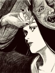 1girl black_hair black_nails greyscale highres long_hair looking_at_viewer lying mask monochrome on_side oni_mask original tp_p_pt unworn_mask