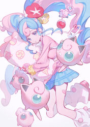 1girl amana_(pocketkey) blue_skirt bull_sprite_(pokemon) cardigan clefairy_sprite_(pokemon) creatures_(company) earrings fairy_miku_(project_voltage) flower fossil_sprite_(pokemon) game_freak gen_1_pokemon gen_2_pokemon hair_flower hair_ornament hatsune_miku highres igglybuff jewelry jigglypuff leg_warmers long_hair looking_at_viewer multicolored_hair nintendo pink_cardigan pink_shoes poke_ball pokemon pokemon_(creature) project_voltage scrunchie shoes skirt twintails two-tone_hair very_long_hair vocaloid white_background wrist_scrunchie