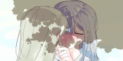 2girls bang_dream! bang_dream!_it&#039;s_mygo!!!!! blue_hair blush closed_eyes commentary_request green_hair hair_ribbon highres kiss korean_commentary long_hair mtsk1743 multiple_girls petals ribbon shade togawa_sakiko wakaba_mutsumi yuri
