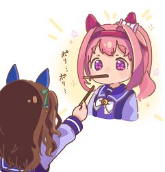 2girls animal_ears bow brown_hair commentary_request cropped_torso ear_bow flower-shaped_pupils food food_in_mouth green_bow hair_bow hairband haru_urara_(umamusume) highres holding holding_food horse_ears king_halo_(umamusume) long_hair long_sleeves moko39_takasora mouth_hold multiple_girls one_side_up pink_hair pocky pocky_day ponytail puffy_long_sleeves puffy_sleeves purple_eyes purple_shirt red_hairband school_uniform shirt symbol-shaped_pupils tracen_school_uniform translation_request umamusume upper_body white_background white_bow