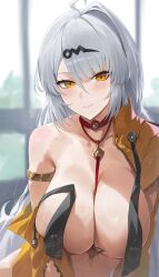 1girl absurdres ahoge armlet between_breasts blush breasts cleavage closed_mouth convenient_censoring grey_hair hair_ornament highres huge_breasts jacket jewelry long_hair necklace off_shoulder orange_jacket single_bare_shoulder solo white_hair window yellow_eyes yi_xuan_(zenless_zone_zero) yonesdraws zenless_zone_zero zipper