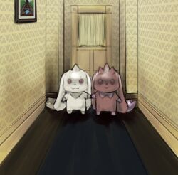 Rule 34 | body fur, brown fur, digimon, digimon (creature), full body, green fur, grey fur, highres, horns, horror (theme), looking at viewer, lopmon, mas square, no humans, single horn, standing, terriermon, the shining
