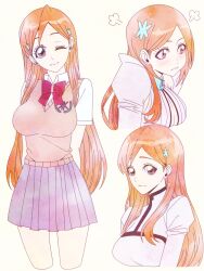 Rule 34 | 1girl, absurdres, bleach, bleach: sennen kessen-hen, blush, bow, breasts, brown eyes, cleavage, duplicate, grey skirt, hair ornament, highres, inoue orihime, karakura high school uniform, large breasts, long hair, n (nauki 11), one eye closed, orange hair, pout, school uniform, skirt, smile