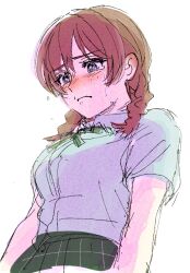 1girl aqua_eyes blue_shirt blue_skirt blush braid brown_hair emma_verde freckles green_ribbon looking_down love_live! love_live!_nijigasaki_high_school_idol_club low_twin_braids neck_ribbon nijigasaki_school_uniform ribbon sad school_uniform shirt skirt solllolll tearing_up tears twin_braids