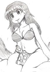 1girl athena_(series) bikini breasts cleavage giant giantess highres kneeling large_breasts legs long_hair military military_vehicle monochrome motor_vehicle navel princess_athena saliva smile snk swimsuit tank thighs weapon