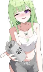1girl absurdres arm_at_side blush breasts butterfly_necklace camisole can character_name cleavage collarbone commentary_request cowboy_shot crop_top dolphin_shorts drink_can green_hair grey_shorts hand_up highres holding holding_can korean_commentary long_hair midriff mole mole_on_breast navel nose_blush one_eye_closed open_mouth outstretched_hand print_camisole purple_eyes renibou short_shorts shorts simple_background solo stellive straight_hair sweat virtual_youtuber white_background white_camisole yuzuha_riko