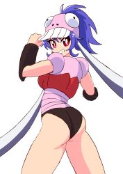 1girl absurdres armor armored_leotard ass blue_hair breastplate breasts clenched_hand female_focus fumiki_rikiya garada_k7 hand_on_own_hip hat highleg highleg_leotard highres large_breasts leotard long_hair looking_at_viewer open_mouth ponytail red_eyes robot_girls_z shiny_skin simple_background skindentation smile solo standing thighs thong_leotard wide_hips