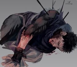 Rule 34 | 1boy, black gloves, black hair, black shirt, blood, blood from mouth, closed eyes, gloves, grey background, highres, lying, male focus, naruto (series), naruto shippuuden, ninja, on side, polearm, shirt, short hair, simple background, solo, spiked hair, stab, uchiha obito, v-shaped eyebrows, weapon, zifletts