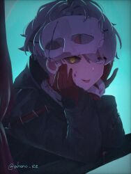 1boy :p absurdres aisu_(ahono_ice) backlighting black_coat black_sclera blue_background blue_eyes coat colored_sclera gloves grey_hair hands_on_own_cheeks hands_on_own_face heterochromia highres mask mask_on_head mismatched_sclera official_alternate_costume red_gloves reverse:1999 solo tongue tongue_out twitter_username upper_body x_(breathing_in_silence)_(reverse:1999) x_(reverse:1999) yellow_eyes