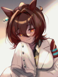 Rule 34 | 1girl, agnes tachyon (umamusume), ahoge, animal ears, black necktie, black shirt, breasts, brito, chemical structure, coat, collared shirt, earrings, hair between eyes, hair intakes, hand up, highres, horse ears, horse girl, huge ahoge, jewelry, lab coat, large breasts, medium hair, necktie, red eyes, shirt, short necktie, single earring, sleeves past fingers, sleeves past wrists, solo, sweater, tattoo, umamusume, white coat, wide sleeves, wolf cut, yellow sweater