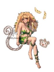1girl animal_ears artist_name banana bananajuju blonde_hair brown_eyes dreadlocks food fruit highres indie_virtual_youtuber kittyjosei leaf_bra leaf_skirt long_hair looking_at_viewer monkey_ears monkey_girl plant_clothing simple_background solo virtual_youtuber white_background