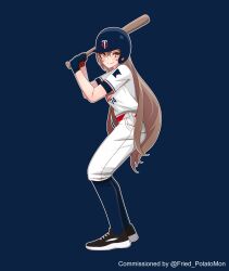1girl baseball_bat baseball_helmet baseball_uniform black_gloves black_shoes blue_socks brown_eyes brown_hair commentary commission commissioner_name english_commentary full_body gloves helmet highres holding holding_baseball_bat hololive hololive_english minnesota_twins nanashi_mumei pants shoes smile sneakers snkagawa socks solo sportswear virtual_youtuber white_pants