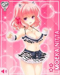 1girl alternate_costume bikini bikini_top_only black_bow bow breasts card character_name clenched_hand cosplay female_focus girlfriend_(kari) gloves holding holding_pill horns large_breasts miniskirt nitta_moeka official_art oni open_mouth pink_background pink_hair purple_eyes qp:flapper revealing_clothes short_hair skirt smile solo standing swimsuit tagme