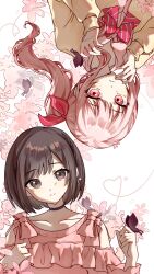 Rule 34 | 1girl, 1other, akiyama mizuki, bare shoulders, black butterfly, black choker, bob cut, bow, bowtie, braid, brown eyes, brown hair, bug, butterfly, butterfly on hand, cardigan, chinese commentary, choker, closed mouth, clothing cutout, collarbone, commentary request, diagonal-striped bow, diagonal-striped bowtie, diagonal-striped clothes, finger to own chin, flower, frilled shirt, frills, frown, hair bow, hand on own chest, heart, heart of string, high side ponytail, highres, insect, kamiyama high school uniform (project sekai), long hair, long sleeves, looking at viewer, pink bow, pink eyes, pink flower, pink hair, pink shirt, project sekai, puffy long sleeves, puffy sleeves, qitanicheng041, red bow, red bowtie, school uniform, shinonome ena, shirt, shirt bow, short hair, shoulder cutout, side ponytail, sidelocks, simple background, single braid, striped clothes, swept bangs, upper body, upside-down, white background, yellow cardigan