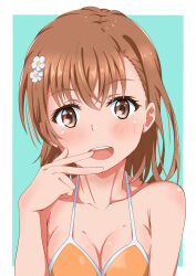 Rule 34 | 1girl, bikini, breasts, brown eyes, brown hair, cleavage, collarbone, commentary, highres, looking at viewer, medium breasts, medium hair, misaka mikoto, open mouth, orange bikini, simple background, smile, solo, sternocleidomastoid muscle, swimsuit, tabu (tabu 01), teeth, toaru kagaku no railgun, toaru majutsu no index, upper body, upper teeth only