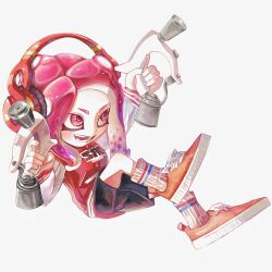 1girl black_shorts commentary_request dual_wielding headphones highres holding kodak_painter long_hair looking_ahead nintendo octoling octoling_girl octoling_player_character orange_shoes order_dualies_(splatoon) pink_hair red_eyes red_pupils shoes shorts simple_background smile socks solo splatoon_(series) splatoon_3 tentacle_hair white_background white_socks
