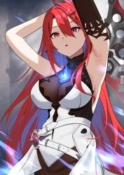 1girl absurdres ahoge armpits arms_up belt black_shirt black_sleeves blue_fire blue_hair breasts cleavage colored_inner_hair commentary dress elizabeth_rose_bloodflame elizabeth_rose_bloodflame_(1st_costume) fire fire_on_chest greatsword hair_between_eyes hair_ornament halterneck high_collar highres holding holding_sword holding_weapon hololive hololive_english huge_ahoge large_breasts long_hair looking_ahead multicolored_hair open_mouth parted_lips red_eyes red_hair see-through_cleavage see-through_clothes shift_(shiftillust) shirt single_sleeve sleeveless sleeveless_shirt solo sword thorn_(elizabeth_rose_bloodflame) two-tone_hair upper_body virtual_youtuber weapon white_belt white_dress