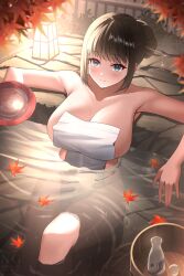 1girl alcohol arm_rest armpits blush breasts brown_hair bucket choko_(cup) collarbone commentary covering_privates cup eiryu33 hair_bun hair_ornament hair_stick highres knee_up lantern large_breasts leaf leaf_on_liquid light_smile maple_leaf nude_cover onsen original partially_submerged sakazuki sake sidelocks single_hair_bun solo tokkuri wooden_bucket
