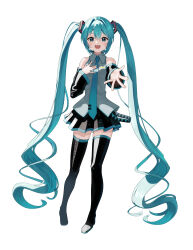 1girl absurdres aqua_eyes aqua_hair aqua_nails aqua_necktie aqua_trim bare_shoulders black_boots black_skirt blush boots collared_shirt commentary_request detached_sleeves foreshortening full_body grey_shirt hair_between_eyes hair_ornament hand_on_own_chest hatsune_miku headset highres long_hair long_sleeves looking_at_viewer necktie open_mouth pleated_skirt reaching reaching_towards_viewer shirt sidelocks simple_background skirt sleeveless sleeveless_shirt smile solo tachi-e tatyaoekaki thigh_boots thighhighs tie_clip very_long_hair vocaloid white_background wide_sleeves zettai_ryouiki