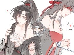 1boy 1girl ? ahoge alternate_hairstyle artist_request bare_shoulders black_hair black_hanfu black_robe blindfold bound bound_wrists breasts chest_sarashi chest_tattoo chibi chibi_inset chinese_clothes chinese_text cleavage collarbone commission dress genderswap genderswap_(mtf) hair_down hair_ribbon hanfu headband heart hetero highres lan_wangji large_breasts long_hair modao_zushi multiple_views off_shoulder open_clothes open_mouth open_robe parted_lips partially_undressed ponytail purple_eyes qixiong_ruqun red_blindfold red_dress red_ribbon ribbon ribbon_bondage robe robe_partially_removed sarashi second-party_source sidelocks simple_background smile solo_focus spoken_heart tattoo topknot undressing watermark wei_wuxian white_background white_hanfu white_headband white_ribbon xiao_guan_(headdress) yellow_eyes