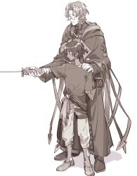 Rule 34 | 2boys, aged down, arknights, asak akni, bandaged leg, bandages, character request, curly hair, dark-skinned male, dark skin, fencing, glasses, highres, holding, holding sword, holding weapon, multiple boys, ponytail, practicing, priest, robe, shoes, short ponytail, smile, sword, thorns (arknights), weapon