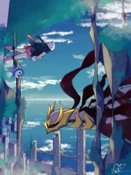 1girl beanie blue_hair blue_sky cloud commentary_request creatures_(company) dawn_(pokemon) everyday_365d flying game_freak gen_4_pokemon giratina giratina_(origin) hat highres legendary_pokemon long_hair multiple_wings nintendo pachirisu pink_skirt piplup pokemon pokemon_(anime) pokemon_(creature) pokemon_dppt_(anime) red_eyes signature skirt sky white_hat wings