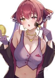 1girl applying_makeup armpit_crease bare_shoulders breasts collarbone earrings gold gold_necklace heart heterochromia highres holding holding_mirror hololive houshou_marine jewelry large_breasts looking_at_viewer makeup_brush midriff mirror navel necklace simple_background solo twintails virtual_youtuber white_background yellow_eyes yoshinone