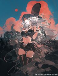 1girl absurdres belt bikini breasts cowboy cowboy_hat cowboy_western denim denim_shorts eteru gun hat highres holding holding_gun holding_weapon long_hair original shorts solo swimsuit weapon western