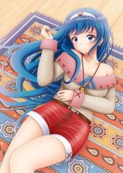 1girl bare_shoulders belt blue_eyes blue_hair breasts closed_mouth collarbone hairband highres jewelry long_hair looking_at_viewer lucia_(lunar) lunar lunar_2:_eternal_blue necklace onthecorner shorts smile solo